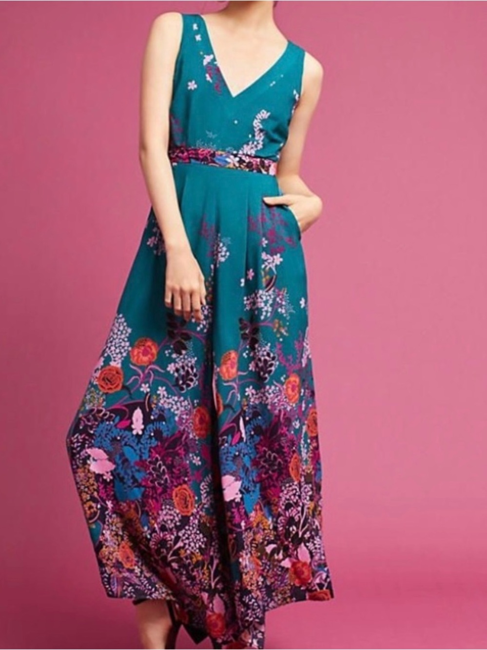 Anthropologie Maeve Teal Andalusia Floral Jumpsuit Size 4 - Picture 3 of 15